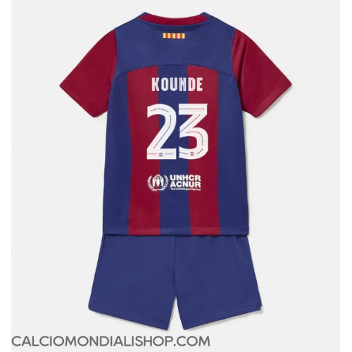 Maglie da calcio Barcelona Jules Kounde #23 Prima Maglia Bambino 2023-24 Manica Corta (+ Pantaloni corti)